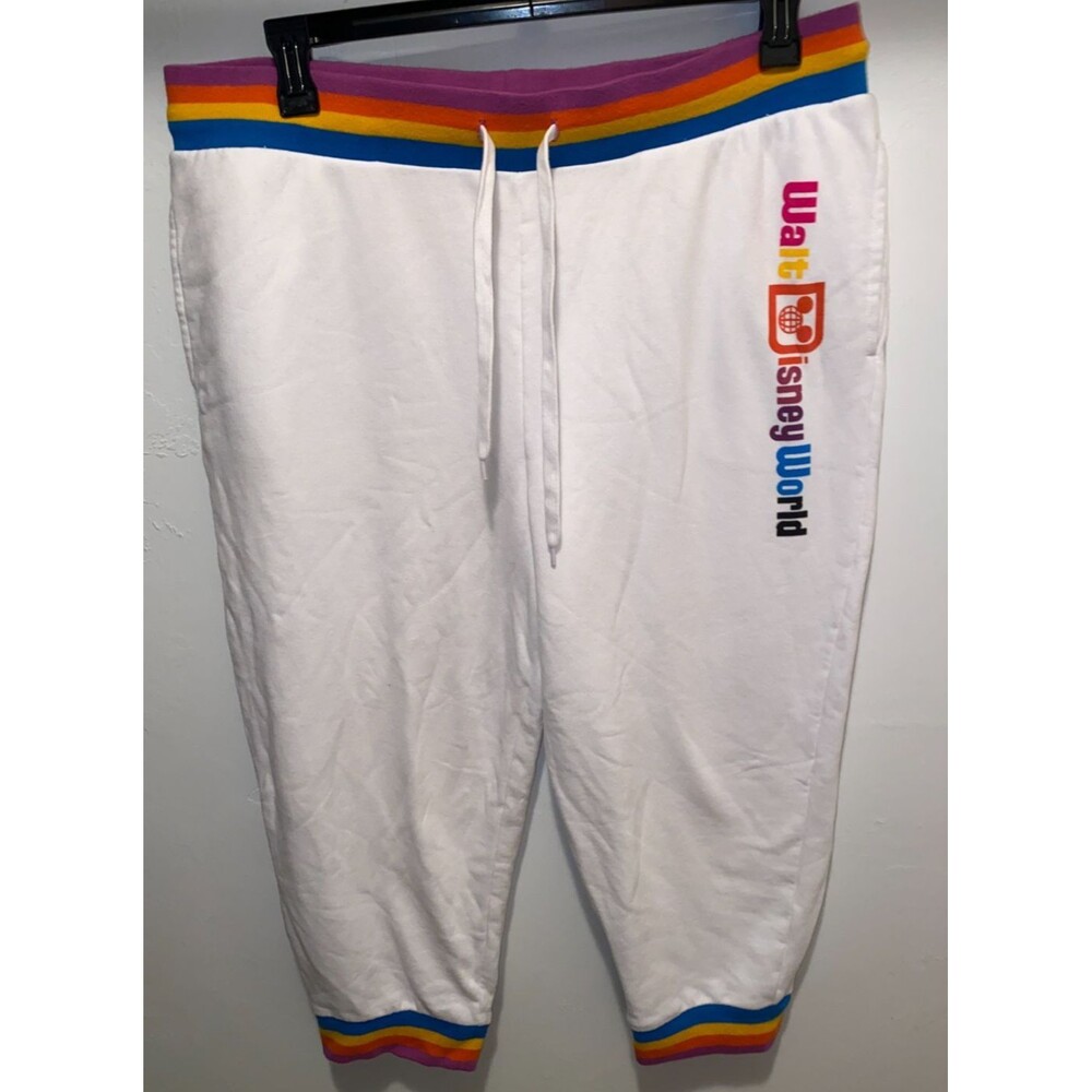 Walt Disney World WDW White Cropped Jogger Sweatpants Rainbow Trim Logo XL